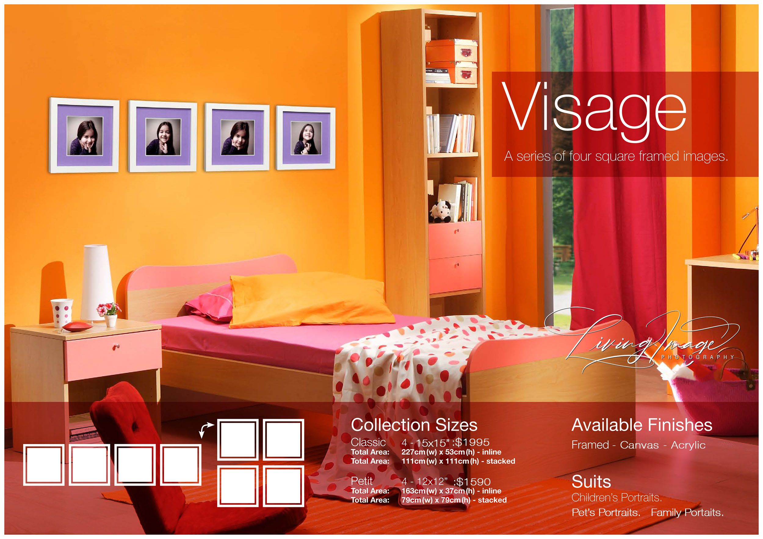 Four square framed child portraits displayed in a bright orange bedroom